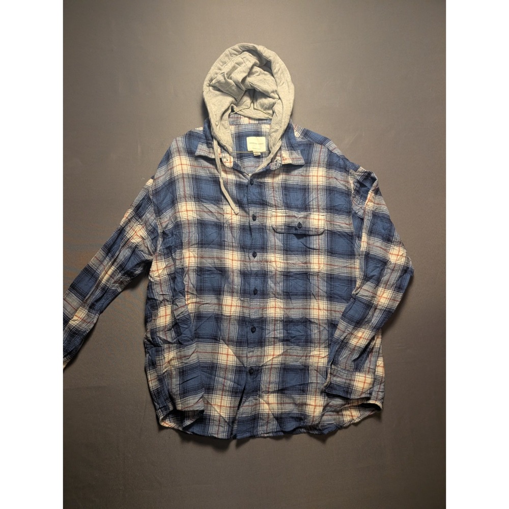American Eagle Outfitters Super Soft Shirt Jacket Mens Large Blue Plaid Hooded